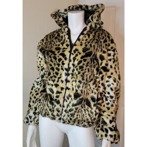 Fabulous Furs By Donna Salyers Leopard Faux Fur Jacket Large Hooded Full Zip